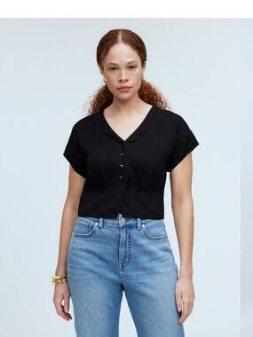 Madewell Black Button-Front V-Neck Crop Blouse